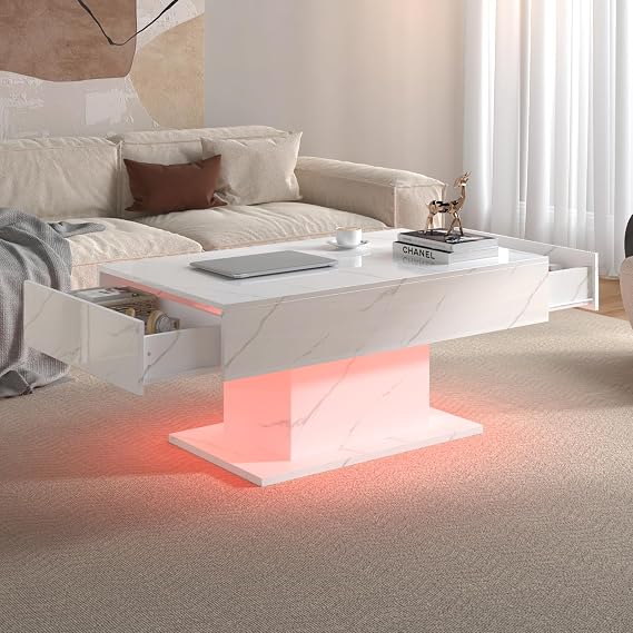 HedoAjim White Marble Led Coffee Table with 2 Storage Drawers for Living Room, Living Room Table Rectangular Center Table, Modern High Glossy Wooden Coffee Tables with Lights for Dining Reception Room