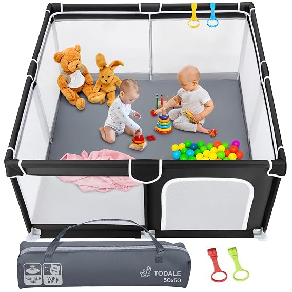 TODALE Baby Play Pen - 50x50x27 in, Black - Foldable & Portable