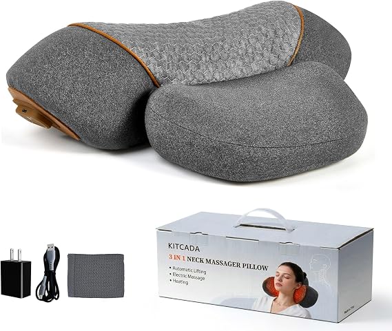 3-in-1 Neck Massager Pillow with Heating & Cervical Traction, Ergonomic Cervical Pillow for Neck Back Shoulder Pain Relief, Rechargeable Neck Pillow