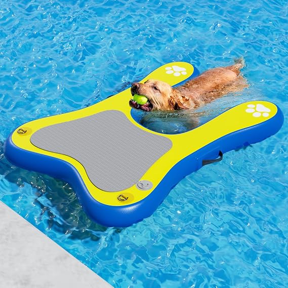 Large Inflatable Dog Water Ramps for Dock - Dog Boat Ramp Non-Slip EVA Platform Floating Pet Water Ladder for Swimming Pool Lake, Blue and Yellow