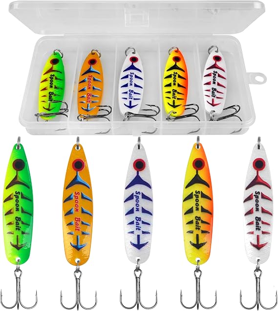 Fishing Spoon Lures Kit, 5pcs Jigging Casting Trolling Lures Slow Vertical Jigs for Bass Tuna Salmon Sailfish Trout Grouper Snapper Freshwater Saltwater with Tackle Box