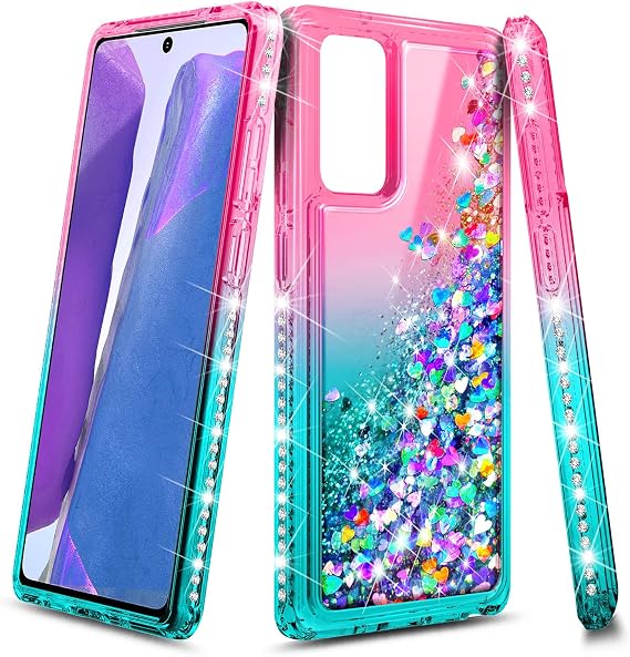 NZND for Galaxy S20 FE 5G Case, Cute Liquid Glitter, Pink/Aqua | Compatible with Samsung Galaxy S20 FE 5G. Rhinestone Edge with Flowing Glitter Design