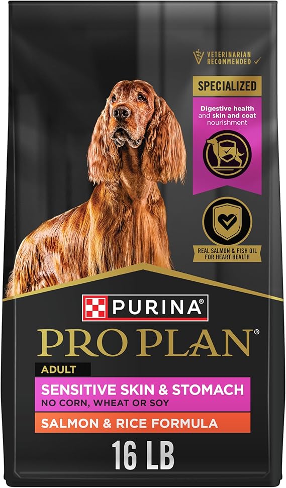 Purina Pro Plan Sensitive Skin & Stomach Dry Dog Food, Salmon, 16 lb Bag | Real Salmon & Rice Formula, with prebiotic fiber, easily digestible with omega-6 fatty acids for a healthy skin and coat