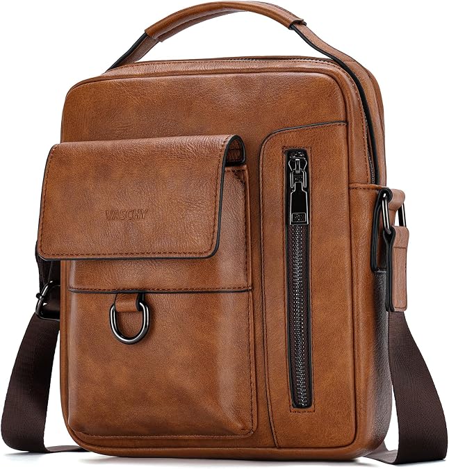 VASCHY Leather Messenger Bag For Men, Medium Satchel Crossbody Handbag Shoulder Sling Travel Side Bags Purse for Men