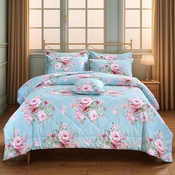 FADFAY Blue Comforter Set Queen 3Pcs Vintage Floral Summer Quilt 100% Cotton Fabric with Soft Microfiber Inner Fill Bedding Lightweight Reversible All Season Down Alternative Duvet Insert 3Pcs, Queen