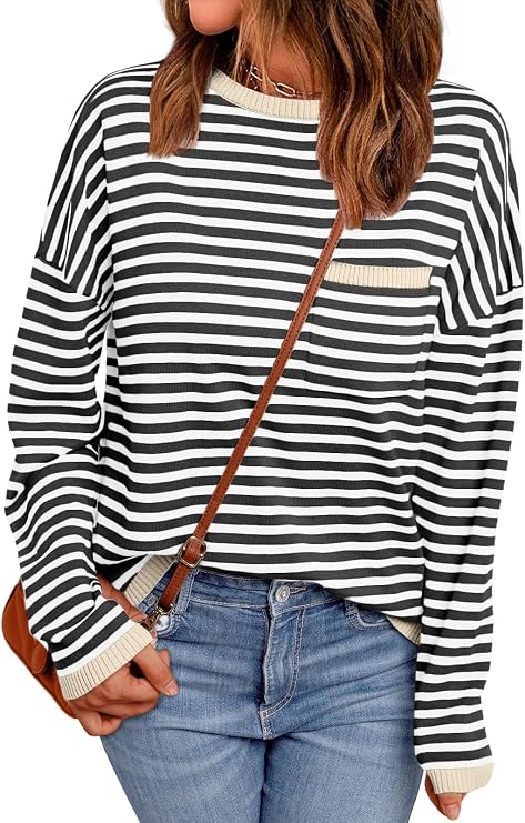 LILLUSORY Womens Striped Lightweight Sweaters 2026 Fall Fashion Outfits | Ladies Trendy Long Sleeve Tops, Work Shirts, Cozy Knit, Office Crewneck Pullover, Cute Teacher Clothing, Old Money Clothes