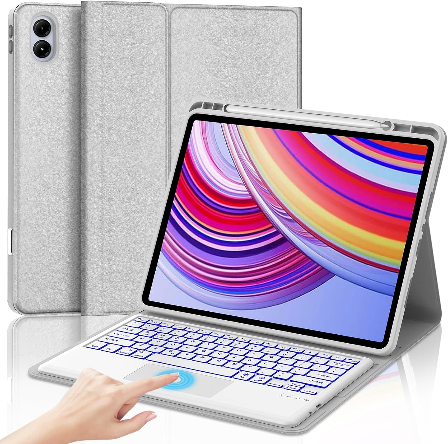 Touchpad Keyboard Case for Tablet Redmi Pad Pro 12.1 Inch 2024Poco Pad 12.1 Released 2024,7-Color Backlit,Detachable Wireless Keyboard Protective Case with Pen Holder,Light Gray
