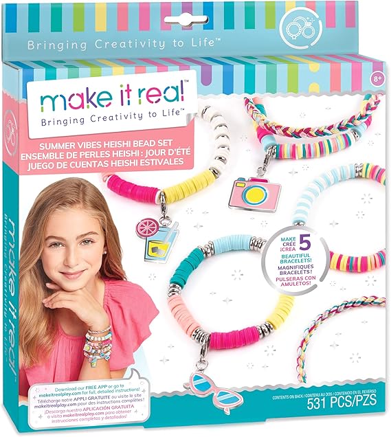 Make It Real - Summer Vibes Heishi Bead Bracelets - DIY Charm Bracelet Making Kit with Case - Friendship Bracelet Kit with Beads, Charms & Thread - Arts & Crafts Bead Kit for Girls - Makes 5 Bracelets