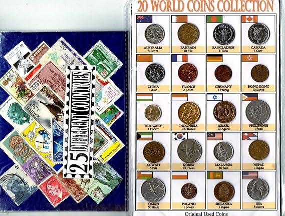 Lot 20 Different Countries Foreign World Coins Pack + 25 Countries Postage Stamps Set - Rare Collectibles for school project, education, gift and Kids Hobby