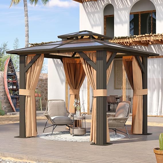 Aoxun 8'x8' Hardtop Gazebo with Polycarbonate Double Roof, Brown