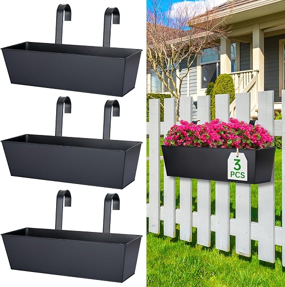 OGIMA 41cm Railing Planter Box, 3 Pack Large Hanging Planters for Outdoor Plants with Detachable Wide Hooks for 7cm Railings - Balcony Planters Railing Hanging for Deck, Fence & Patio Decor