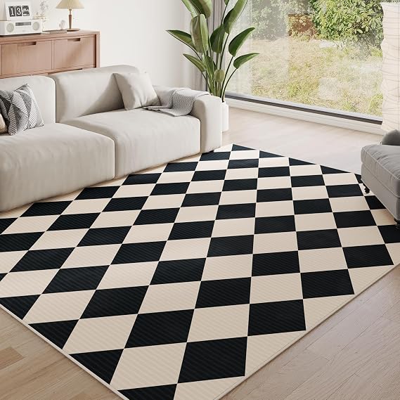 3x5 Washable Checkered Rugs for Bedroom, Black and Beige Area Rug