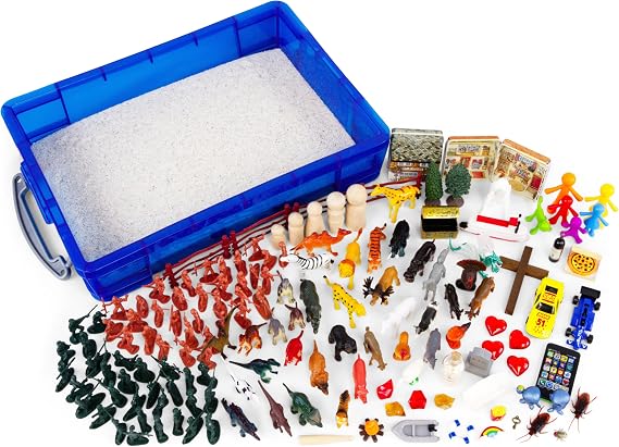 Play Therapy Sand Tray Basic Portable Starter Kit with Tray, Sand, and Miniatures