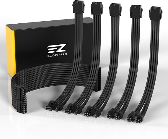 EZDIY-FAB PSU Cable Extension Sleeved Custom Mod GPU PC Power Supply Soft Nylon Braided with Comb Kit 24PIN/3x 8PIN to 6+2Pin/ 2X 8PIN to 4+4PIN-300MM/11.8in - Black