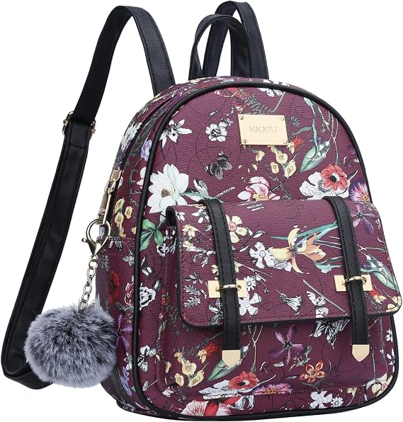 KKXIU Girls Small Backpack Purse Vegan Leather Mini Bookbag for Women Cute Teen Pompom Daypack