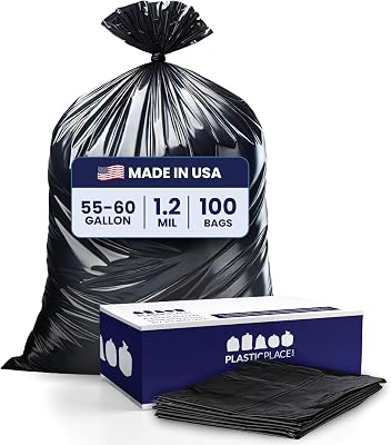 Plasticplace 55-60 Gallon Trash Bags, 1.2 Mil Heavy Duty Contractor Garbage Bags, Black Tear-Resistant Bags for Construction, Yard Waste, Industrial Use, Large 38 x 58 100 Count