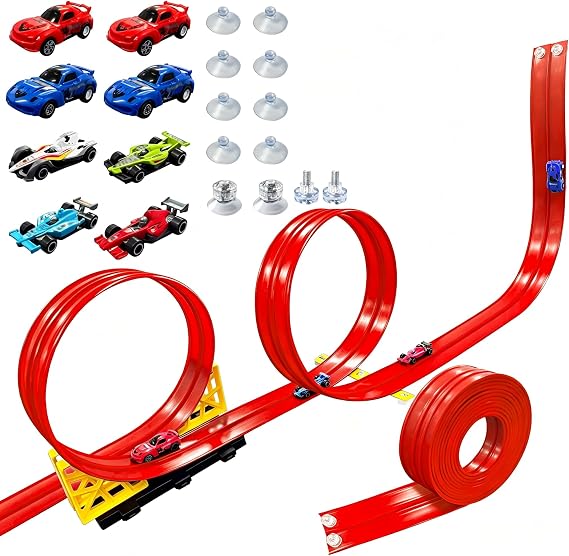 16.5 Ft Flexible Race Track for Kids,Race Car Ramp Track with Suction Cups | Compatible with 1:64 Scale Diecast Cars, Includes 8 Racing Cars, Portable Toy Play Set Gift for Boys Girls Ages 3-8, Red