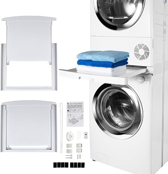 CARE+PROTECT Universal Stacking Kit for Washing Machine and Tumble Dryer with Pull-Out Sliding Shelf, Space-Saving, with Safety Strap & Wall Fixings, Suitable for Rounded-Top Washers, Depth 47-62cm [Energy Class A+]