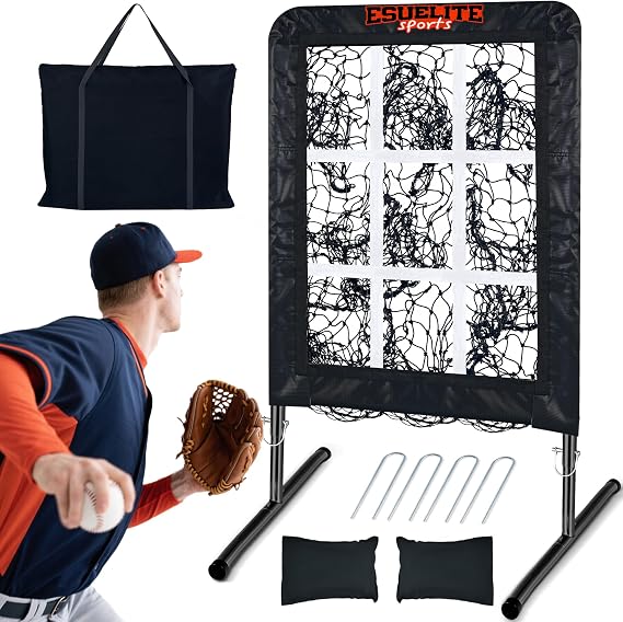 9 Hole Pitching Net with Strike Zone, Baseball Softball Pitching Target Adjustable Height Portable Indoor Outdoor Training Equipment for Pitchers of All Levels, Coaches, and Players