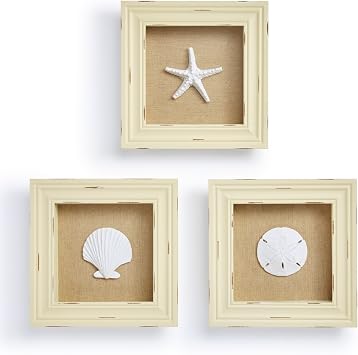 Tumbler Home Coastal Wall Decor, Set of 3 Shadow Boxes 7x7, Starfish, Sand Dollar & Seashell Framed 3D Wall Art for Beachy Bathroom, Bedroom & Beach House Decor