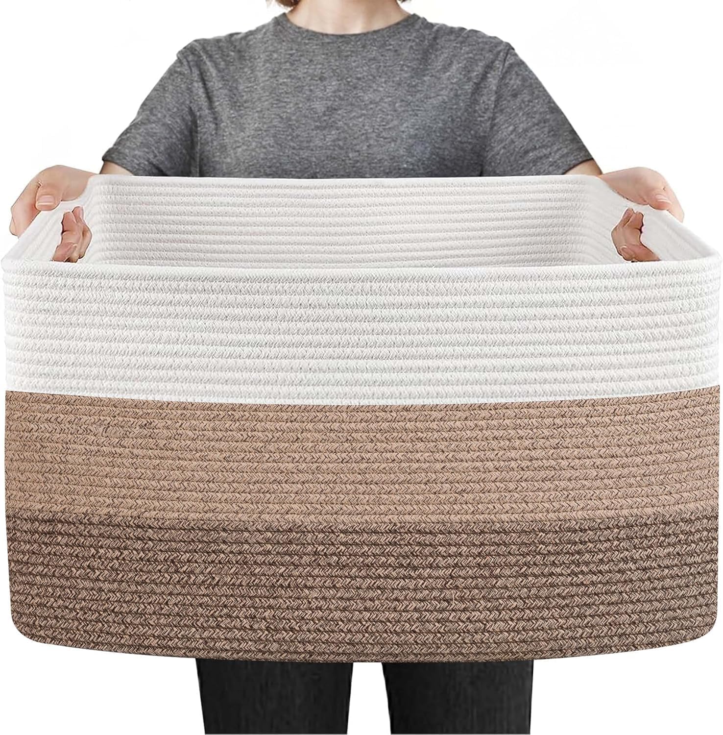 Large Blanket Basket, Woven Dog Toy Storage Basket, Cotton Woven Storage Basket for Organizing with Handles for Living Room, Large Basket for Pillows, Blankets, Clothes, Toys-Gradient Brown