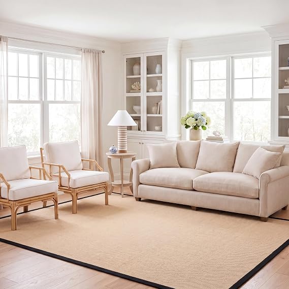 SAFAVIEH Area Rug 8x10 - Natural Fiber Collection - Large - Beige & Black, Sisal, Border Design, Ideal for Living Room, Bedroom, Dining Space (NF131A)