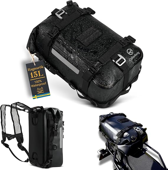 Odinsberg 15L Waterproof Motorbike Tail Bag Motorbike Storage Motorcycle Panniers Saddle Bags Dirt Bike Crash Bar Bags Backpack Dry Bag Motorcycle Luggage Rear Seat for Enduro Dual Sport ADV