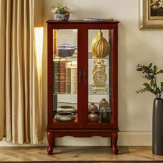 Lighted Curio Cabinet, Modern Floor Standing Glass Curio Cabinet Display Case Cabinet with Adjustable Shelves, Mirrored Back Panel and Tempered Glass Doors for Home/Office (Cherry)