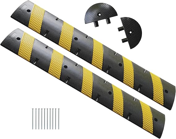 UNIMAT Traffic Speed Bump 2 Pack with 2 End Caps, Black and Yellow | Economy Recycled Rubber, Especially Made for Asphalt, 8 Bolts Included with Hardware, Load Capacity 44,000 lbs