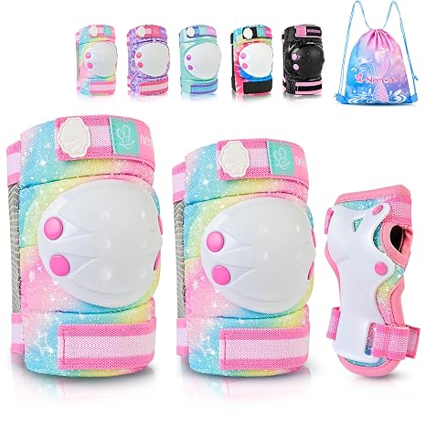NEMONE Knee Pads for Kids, Girls Boys Knee Elbow Pads Wrist Guards with Drawstring Bag, Adjustable Reflective Protective Gear Set for Roller Skates Bike Cycling Skateboard Scooter - Pink S