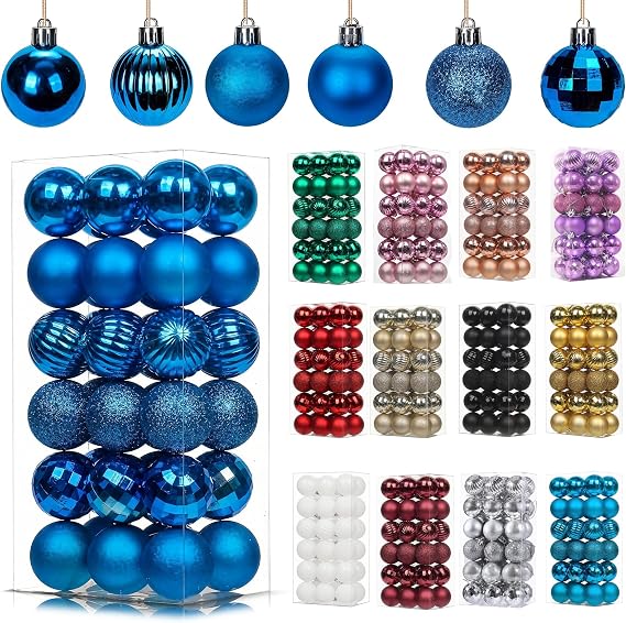 36Pcs Blue Baubles for Christmas Tree Decorations,40mm/1.57" Small Xmas Bauble Hanging Ball,Christma Balls Ornaments with Strings,Shatterproof Blue Christmas Baubles for Xmas Tree Holiday Party Decor