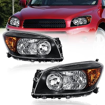 Pair Headlights Assembly Compatible for 2006-2009 Toyota RAV4 4-Door Halogen Only Black Housing Clear Lens Amber Reflector Front Lamps Left and Right Side #8117042331