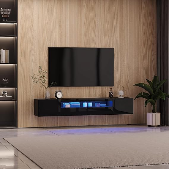 HedoAjim Black Floating TV Stand for 55 65 70 75 78 85 inch TV, Entertainment Center with LED Light and Storage Cabinet High Gloss Media TV Console Shelf for Wall for Living Room Bedroom