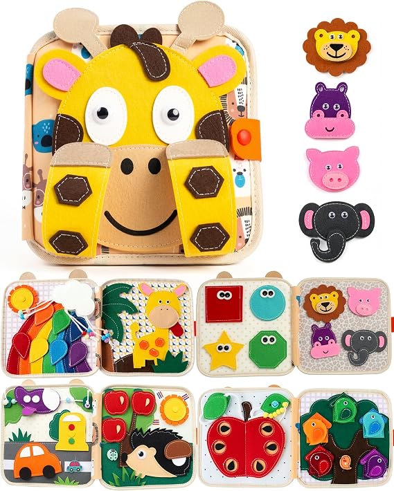 Montessori Busy Book, 8-Page Sensory Activity Toy, Giraffe