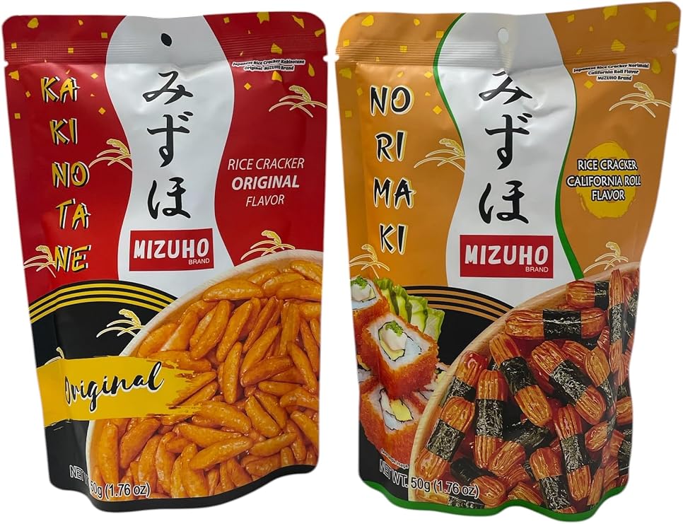 MIZUHO Rice Crackers Bundle 50g x 2 packs – Original Kakinotane & Norimaki California Roll Flavour | Japanese Style Crunchy Snack Variety Pack