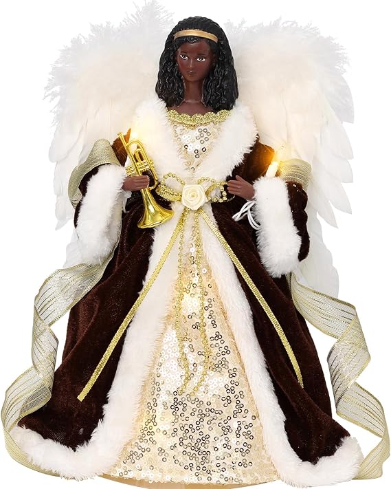 Angel Christmas Tree Topper, 12.6" Black Angel Treetopper, 10-Light Angel Tree Topper with Wings, Indoor Christmas Decors, Xmas Home Ornaments (Afrian American)