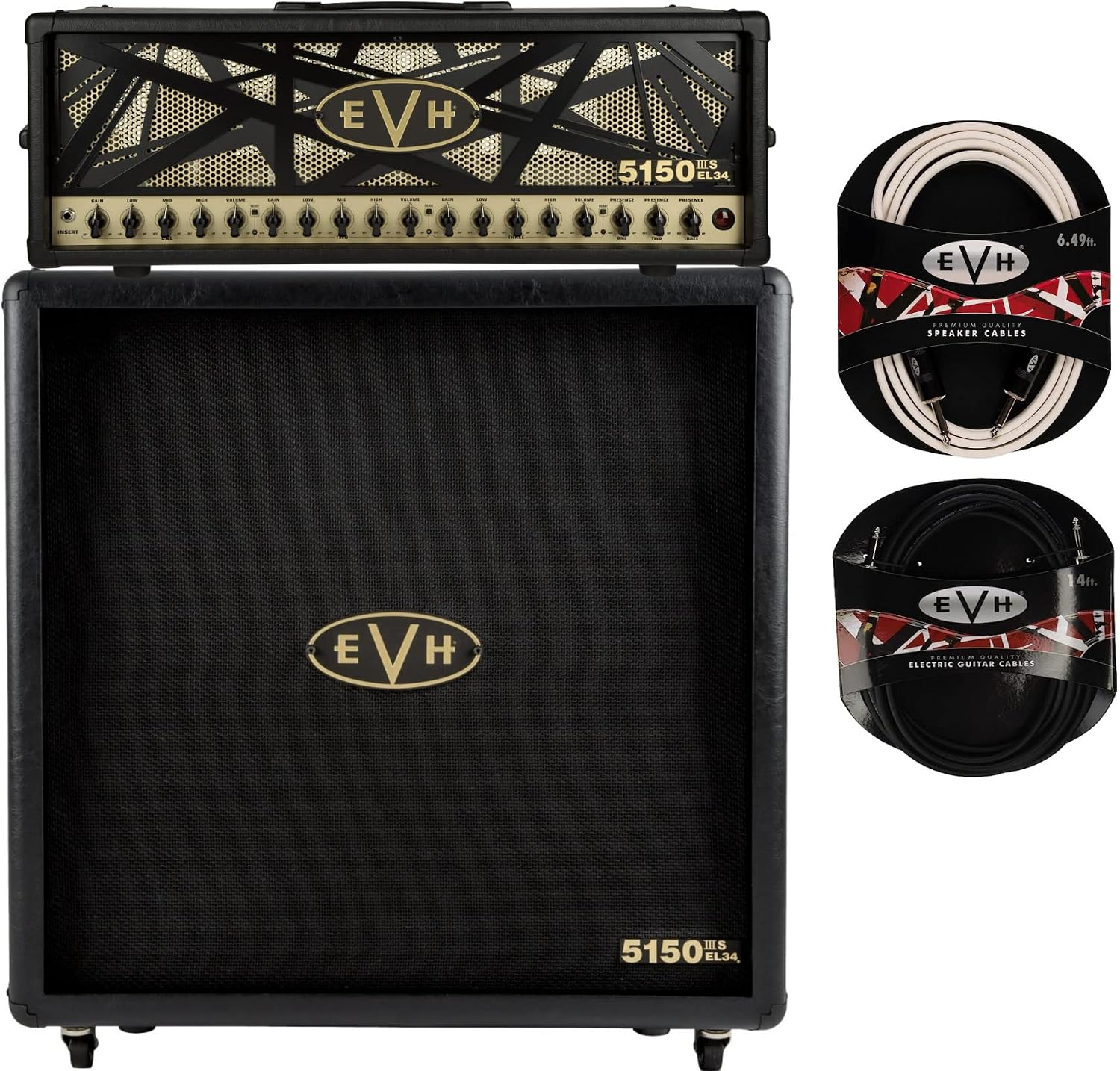 EVH 2250260000 5150 IIIS EL34 100W Amplifier Tube Head with EL34 Tubes and 3 Channels Black Bundle with EVH 5150IIIS EL34 412ST 100W 4x12-Inch Speaker Cabinet, Instrument and Speaker Cable 4 Items