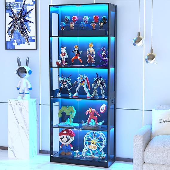 VOWNER 80'' Display Cabinet with Glass Door 5-Tier Display Case | Human Body Sensor, 3 Color LED Lighting, Curio Cabinet for Collectibles, Trophy, Large Capacity, Easy Assembly, Bookshelf