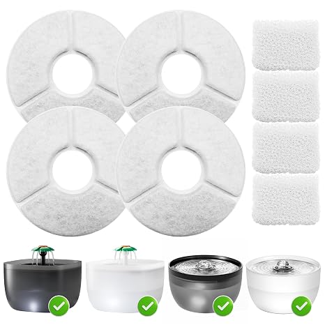 Casfuy W8 & W7 Pet Water Fountain Replacement Filters & Sponges, White, 4 Count