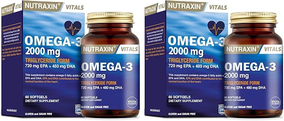 Nutraxin Vitals Omega-3 2000 mg EPA + DHA Balık Yağı içeren Takviye Edici Gıda (1 x 60 kapsül) (2 paketi)