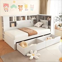 Su & Chan Legence 90 x 190cm Corner Bed Frame with 2 Drawers and USB, Pine Corner Bed with Shelves, Multifunctional and Simple Design, White