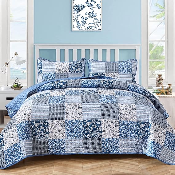Mybedsoul Blue Boho Quilt Set Queen Size,3 Pieces Plaid Floral Bedspread Coverlet Set for All Season,Patchwork Reversible Bedding Set Queen 90"x90"