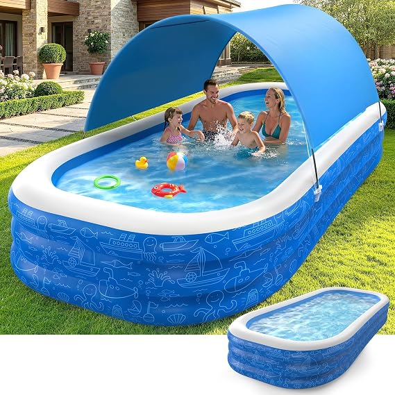 Large Inflatable Swimming Pool with Removable Canopy, 150" x 70" x 20" Full-Sized Kiddie Pool for Kids & Adults, Outdoor Blow-Up Pool with Sun Shade for Backyard & Garden, Durable & Safe, Age 3+
