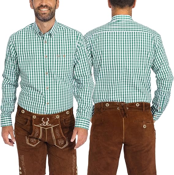 BAVARIA TRACHTEN German Oktoberfest Shirts for Men - Authentic German Lederhosen Shirt Men - Original Bavarian Shirt for Lederhosen Outfit - Checkered Green - Classic - Size 3XL