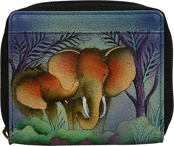 Anna by Anuschka Women's Hand-Painted Genuine Leather Zippered Organizer Wallet - Elephant Family