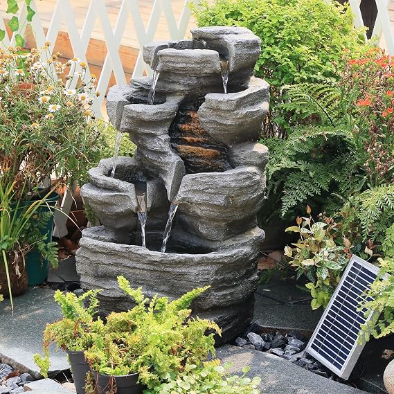6-Tier Solar Water Fountain Outdoor, 24.4" H Cascading Rock Feature Garden Fountains and Waterfalls with Light, Pump, Solar Panel for The Patio, Deck, Porch, Backyard Home Decor, Stone Gray