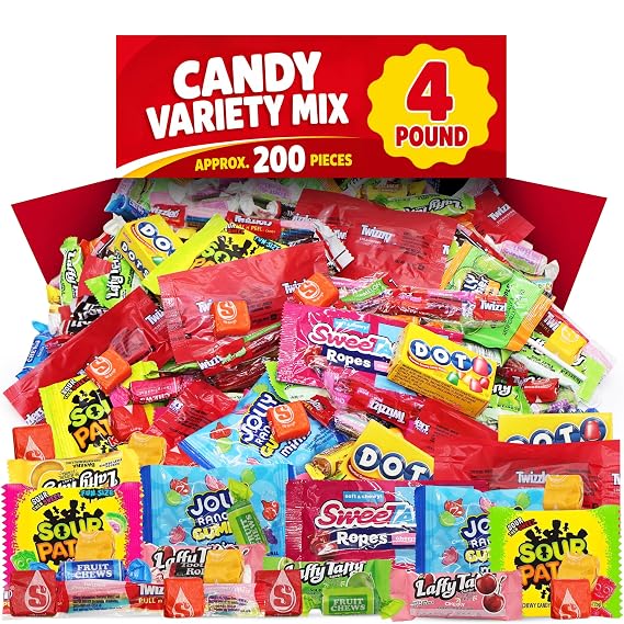 Bulk Candy Variety Pack - 4 Pound (Approx. 200 Pieces) Individually Wrapped Assorted Hard Candies, Taffy & Lollipops, Party Candy Mix for Pinata Fillers, Birthday Parties, Gifts, Treats (64oz)