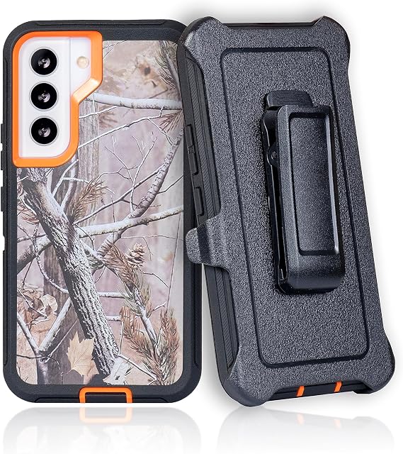 Case for Galaxy S22 (6.2") Heavy Duty Full Body Military Grade Drop Protection Carrying Cover Holder | Holster for Men Belt with Clip Stand Camouflage/Orange