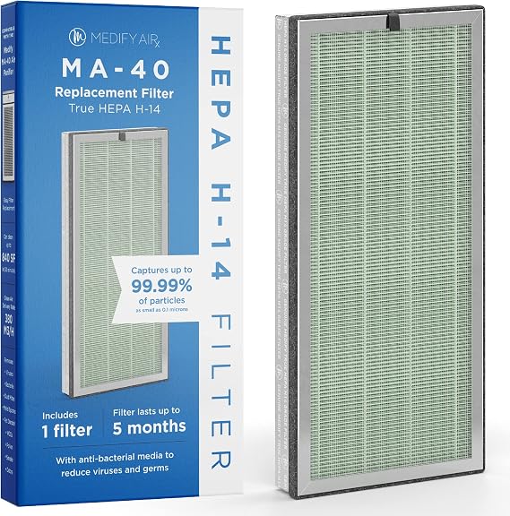 Medify MA-40 Genuine Replacement Filter for Allergens, Smoke, Wildfires, Dust, Odors, Pollen, Pet Dander | 3 in 1 with Pre-filter, True HEPA H14 and Activated Carbon for 99.99% Removal | 1-Pack
