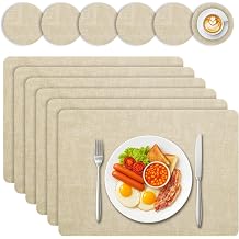 Niviy Placemats and Coasters Set of 6 - Christmas Table Mats PU Leather Heat-Resistant Waterproof Placemats for Indoor/Outdoor Use, 43x30cm Washable Dining Mats for Home & Restaurant (Beige)